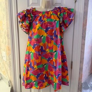 Peach Love Colorful Print Shift Dress Ruffle Sleeve Medium Pink Boutique